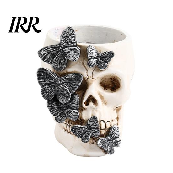 Dark Style Home Decor Gothic Butterfly Skull Pen Holder, Spooky Resin Makeup Brush High-grade Textured Multifunctional Halloween Tea Light Candle