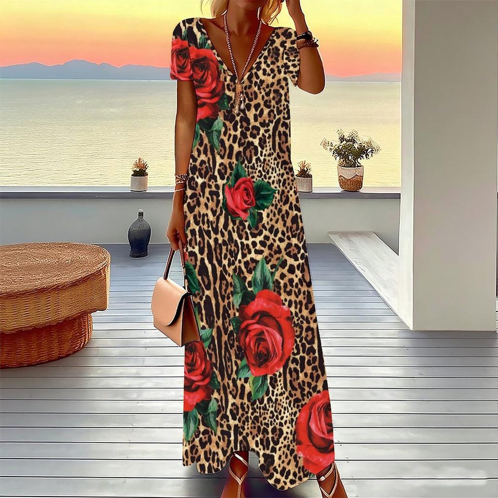 Women Plus Size V Neck Short Sleeve Maxi Dress Turquoise Vertical Leopard Print Loose Summer Vacation Long Dress