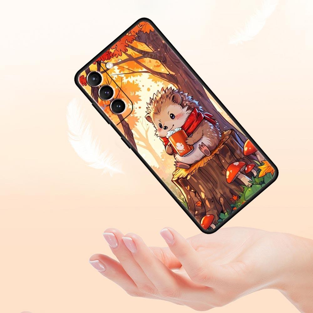 Autumn Cute Hedgehog Design Phone Case For Samsung Galaxy S26 Ultra S25 Plus S24 FE S23 S22 5G S21 S20 Cover Black Soft