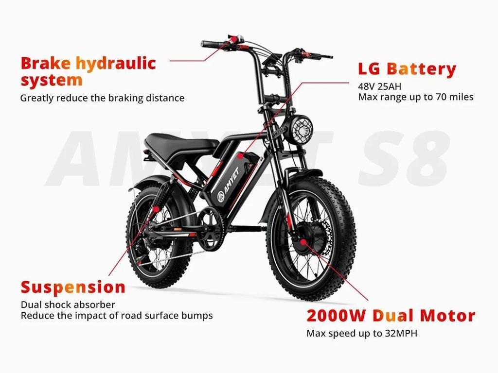 Neues E-Bike S8 2000W Doppelmotor 48V 25AH 20-Zoll Fat-Reifen, vordere und hintere Stoßdämpfung, Elektrofahrrad für Erwachsene mit Pedalen.