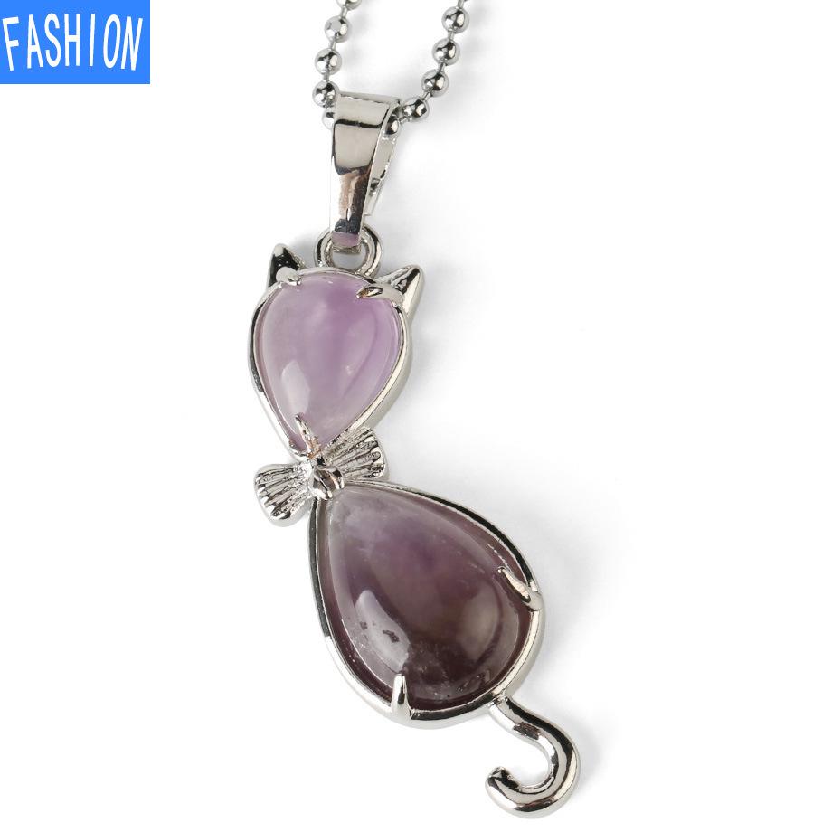 European And American Personality Amethyst Necklace Animal Cat Abstract Inlaid Natural Stone Pendant