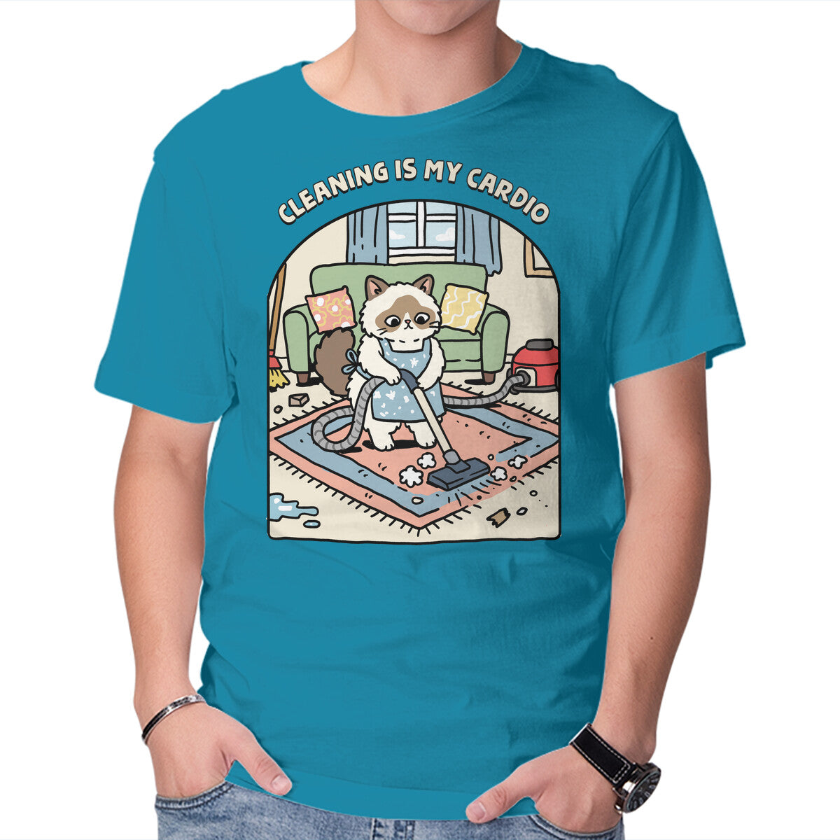 Unisex Crew Neck T-Shirt Cleaning Is My Cardio Graphic Short Sleeve Casual Tee L