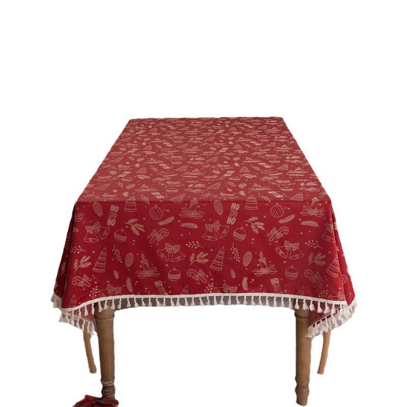 Christmas Red Jacquard Tablecloth With Tree Bell Deer Tassel Waterproof Dining Coffee Table