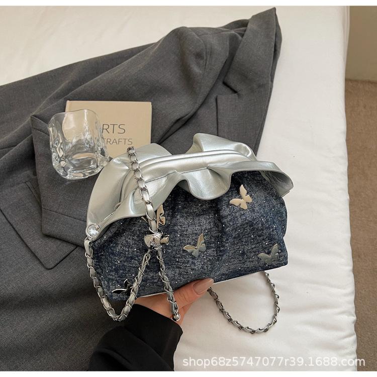 

Unique niche denim bag women s 2025 new summer versatile chain messenger bag super fire pleated cloud bag королевский синий