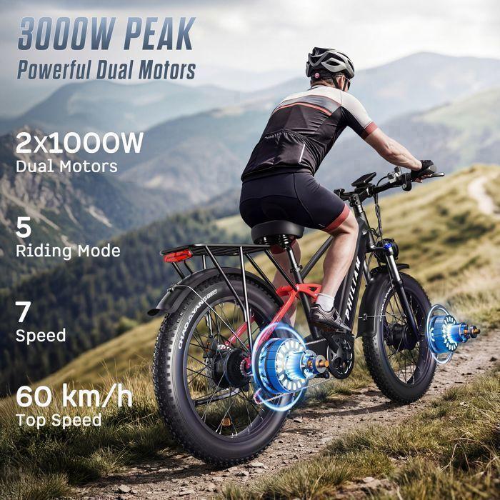 PHILIAM Electric Bike Double Motor 3000W Battery 52V 23Ah 60 /km H Tires 26x4.0 7 Speeds Double Suspension Hydraulic Brakes