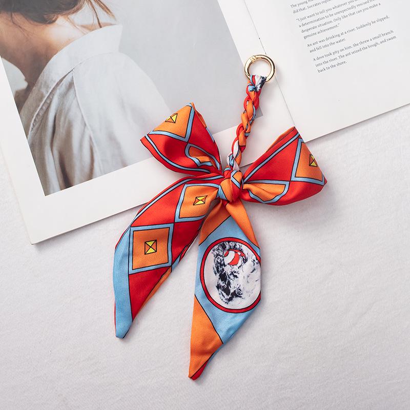 Silk Scarf Keychain with Horseshoe Buckle and Ribbon Bow for Bags and Cars