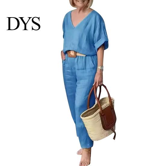 Two-piece Summer Suit 2 Pcs/Set Blouse Pants Set V Neck Long Sleeves Top Wide Women Leg Loose Elastic Waist Trousers OL Commute Casual Homewear Outfit