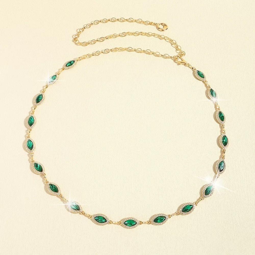 Elegant Crystal Green Gem Girl Waist Chain With Gold Metal Chain For Dress Accessory
