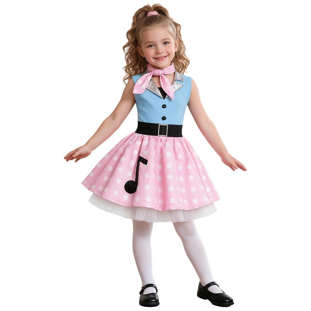 Kids Girls 50s Vintage Polka Dot Dress Metallic Lapel Collar Sleeveless with Neck Scarf for Retro Birthday Halloween Theme Party