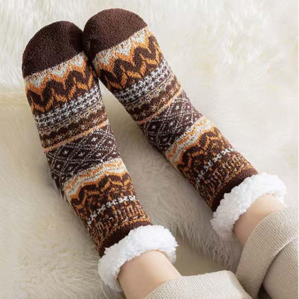 Anti Slip Thicken Velvet Socks Patchwork Sleeping Socks Warm Fleece Socks Women  Winter