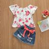 Kids Girls Two-Piece Outfits, Short Sleeve Flower Pattern Tops + Ripped Short Trousers