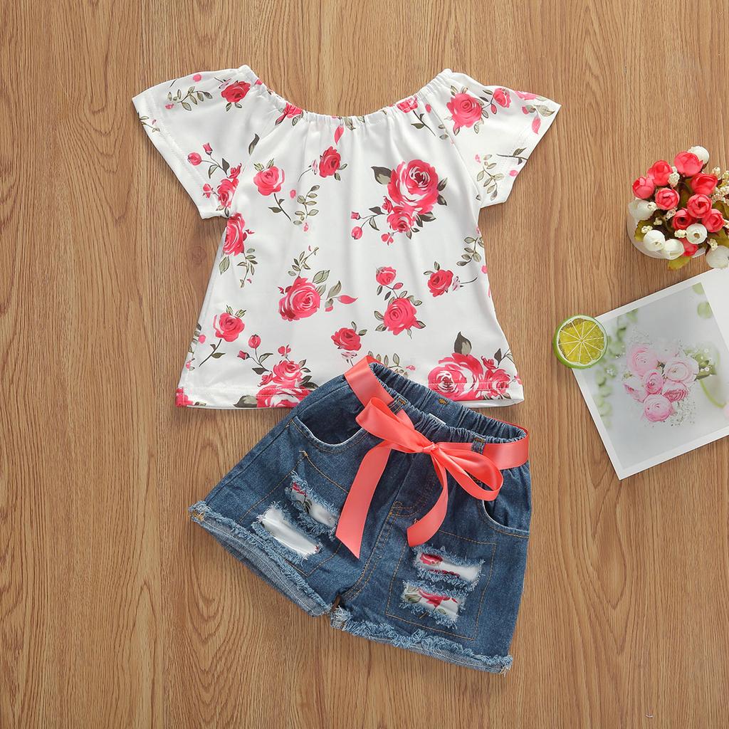 Kids Girls Two-Piece Outfits, Short Sleeve Flower Pattern Tops + Ripped Short Trousers