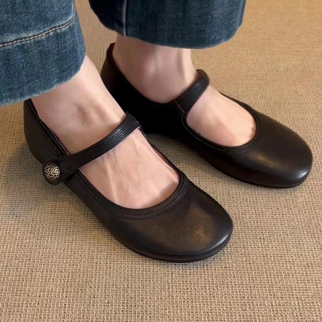 Cowhide Version~ Summer Flat-soled Single Shoes, Evening Breeze Gentle Matching Skirt, Black Small Leather Shoes, French Mary Jane Shoes for Women
