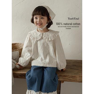 Yoyou Girls' Lace Peter Pan Collar Cotton Shirt
