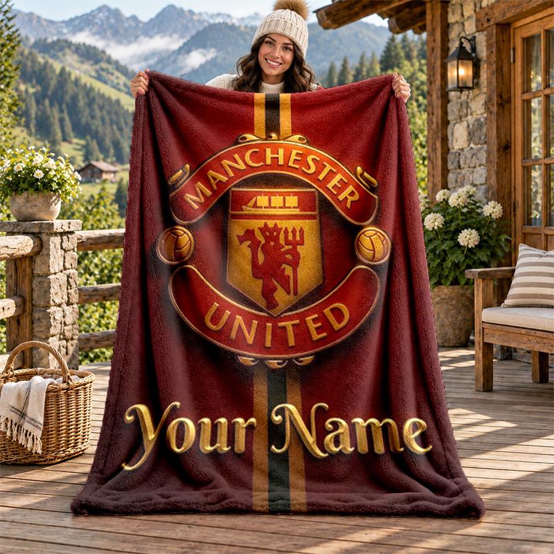 FC Manchester Custom Name Flannel Blanket Personalized Soft Warm Plush Throw Blanket Customized Gift for Family Friends