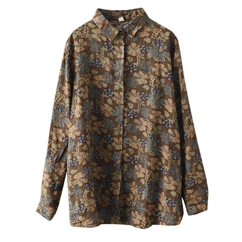 Retro Printed Cotton Linen Shirt Women Casual New Autumn Long-sleeved Floral Top