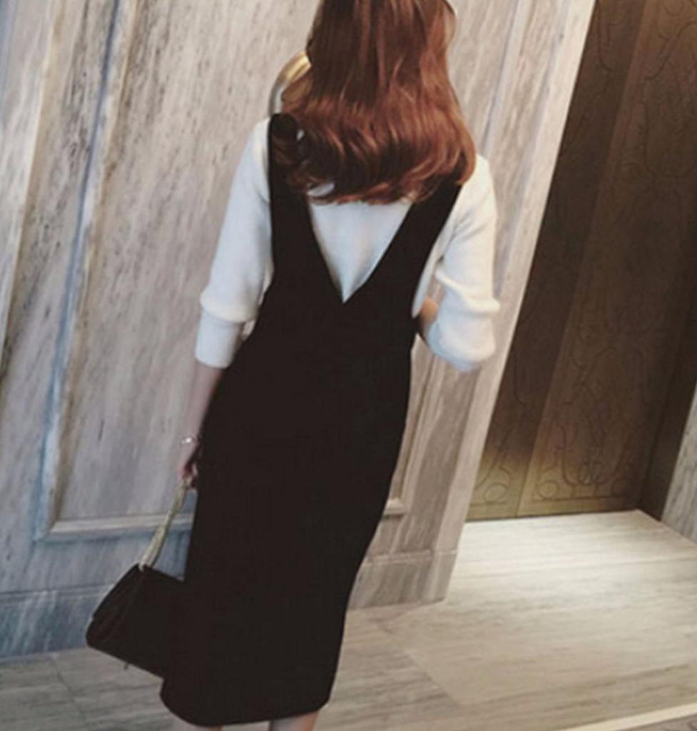 Wenchy Damen Pulloverkleid, Latzhose, Kleid, All-in-One, Ärmellos, Enges Kleid, Schwarz (XL, Schwarz)