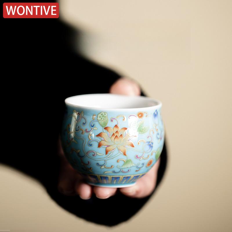 Japanese Ceramic Teacups Chinese Kungfu Tea Cup Retro Personal Teaware Enamel Lotus Cups Household Drinkware Supplied