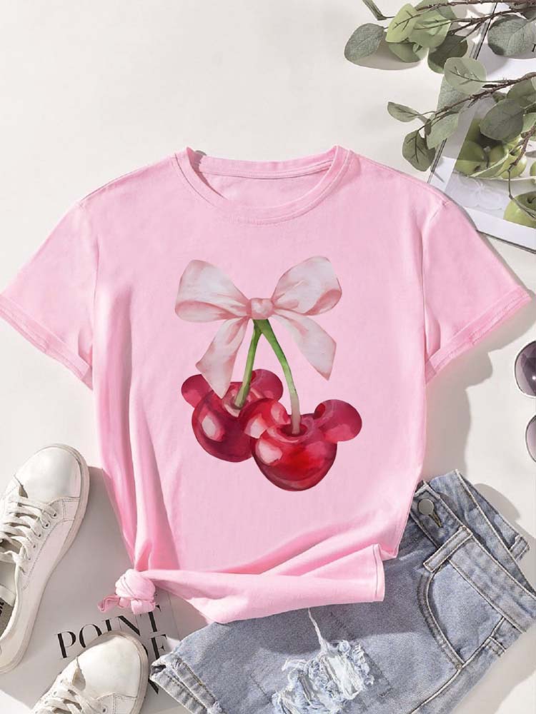 Ovely Style Fashion Summer Women Cherry Bow Print T Shirt Female Casual Top Tshirts Cartoon Graphic Tee T-Shirt