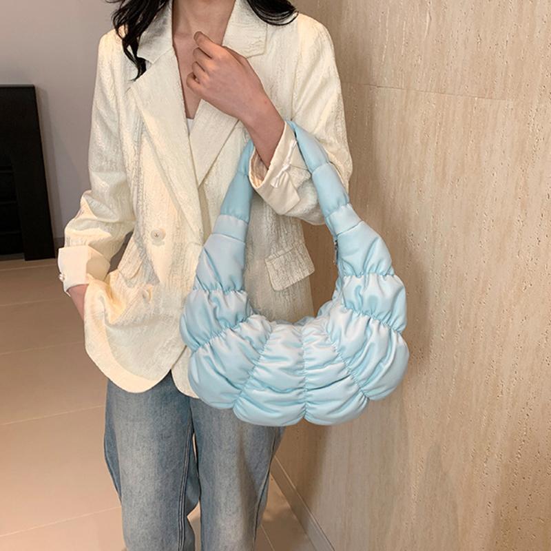 Quilted Padded Crossbody Bag for Women Ruched Shoulder Cloud Bag PU Leather Half Moon Hobo Bag Bubbles Handbag Purses AVE