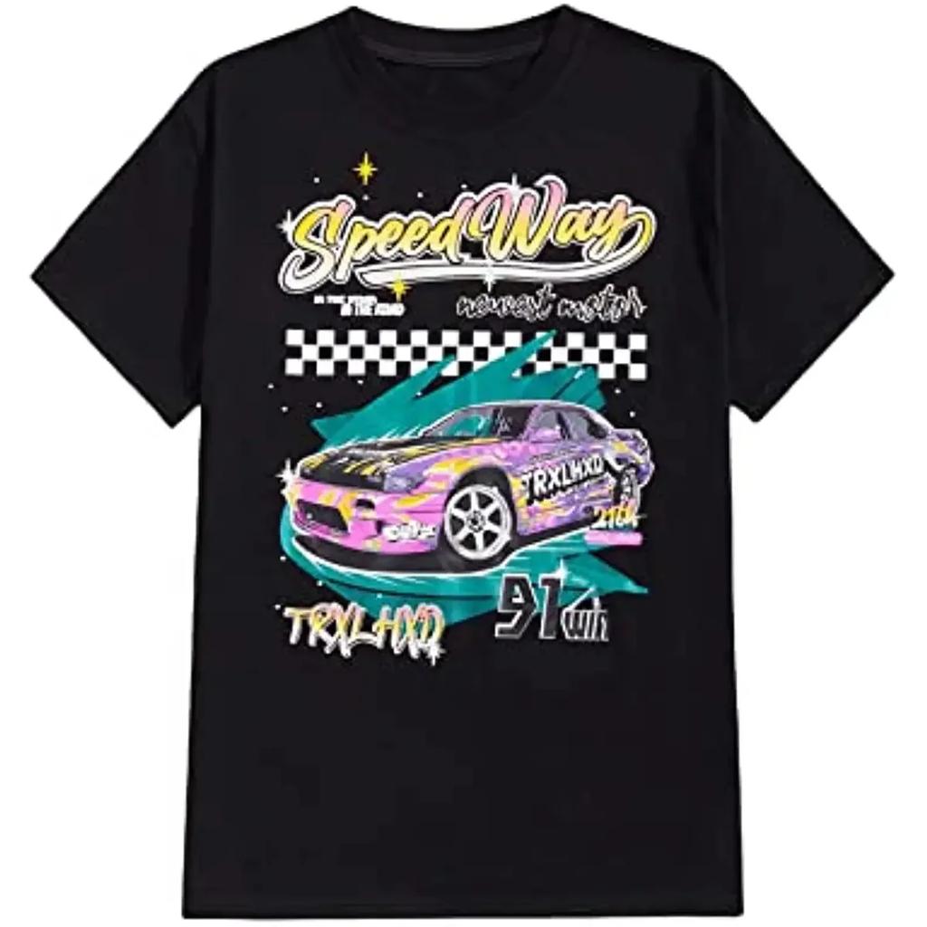 Men Car Letter Graphic Print Short Sleeve Round Neck T Shirt Tee Graphic T Shirts Men Clothing Cotton Daily Four Seasons