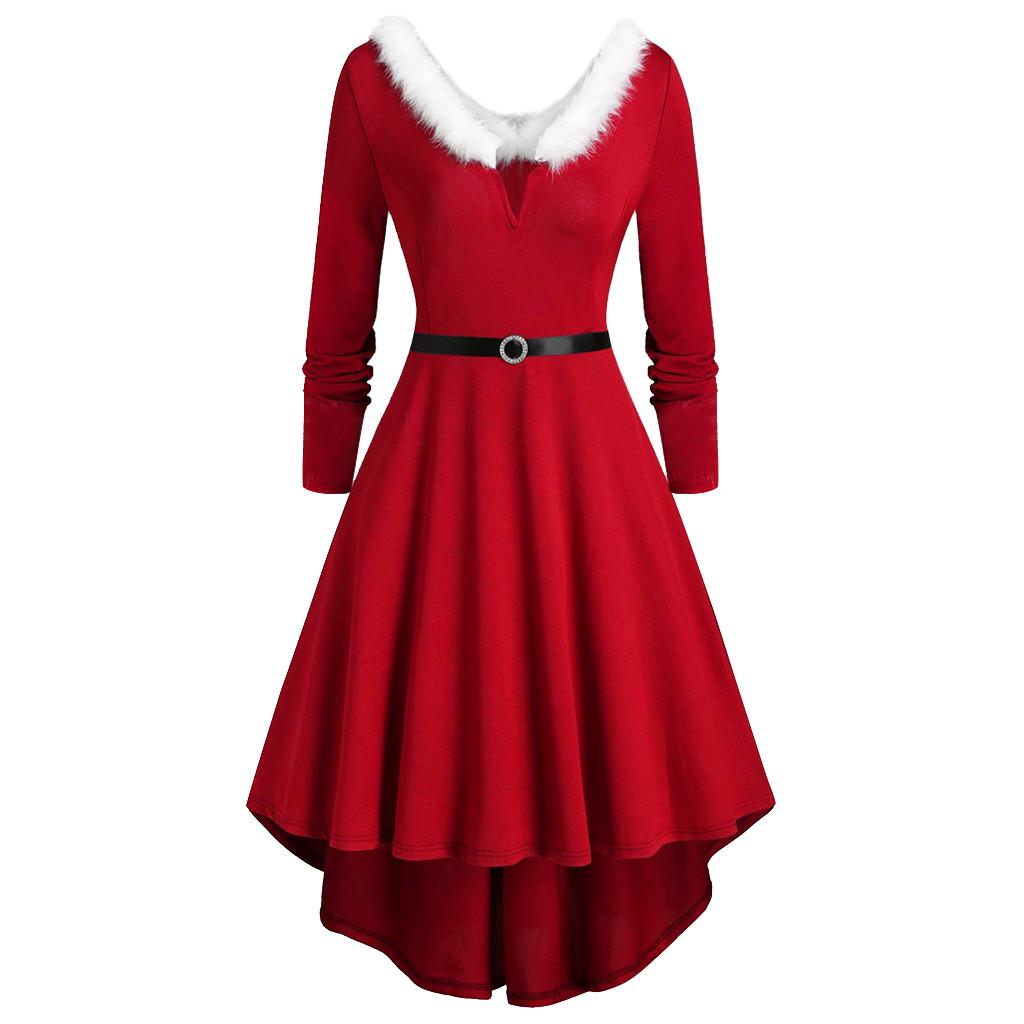 Plus Size Women Christmas Patchwork Faux  Panel Long Sleeve Asymmetric Dress