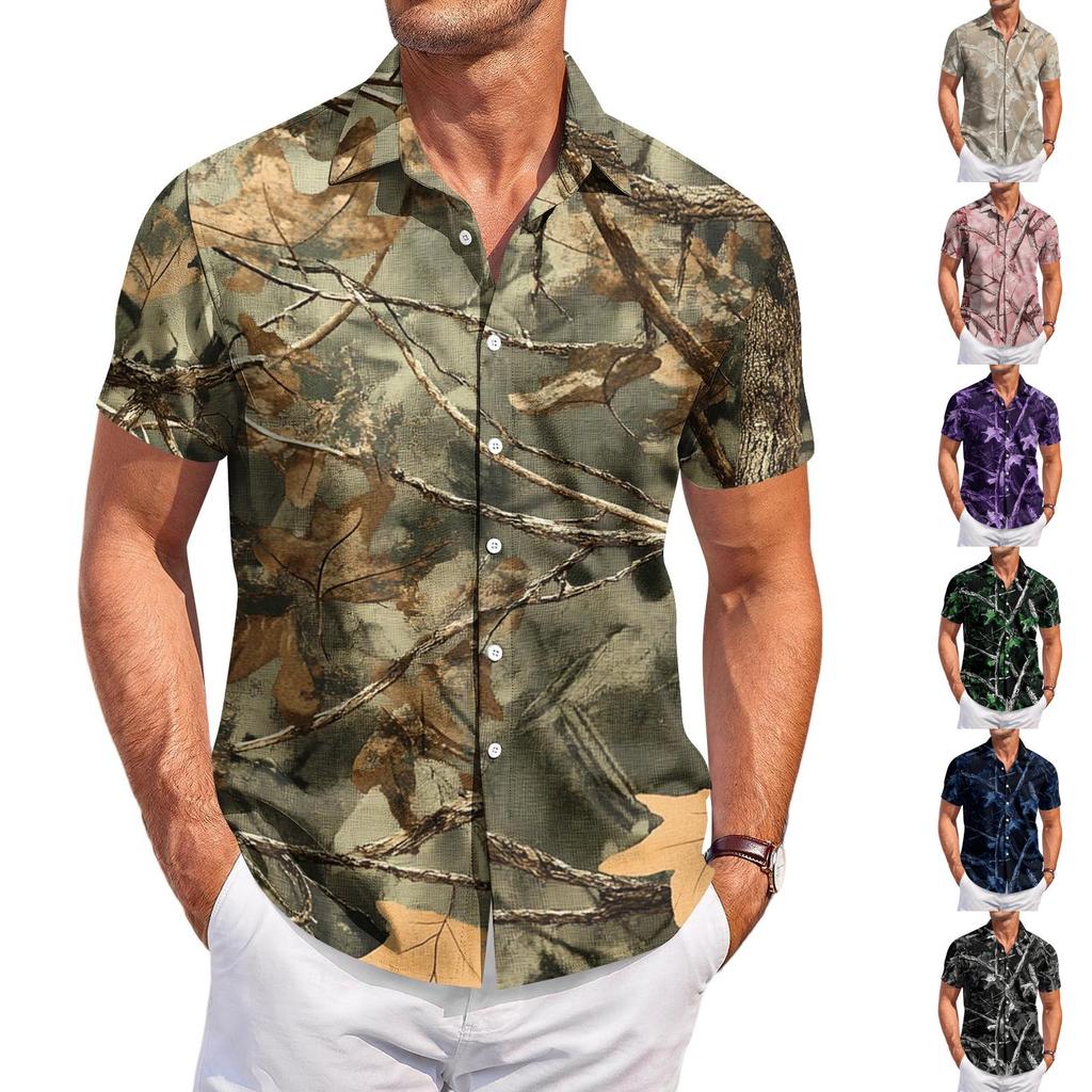 Men's Casual Short Sleeve Shirt Button Down Lightweight Breathable Fabric Camouflage Print Summer Beach Shirt