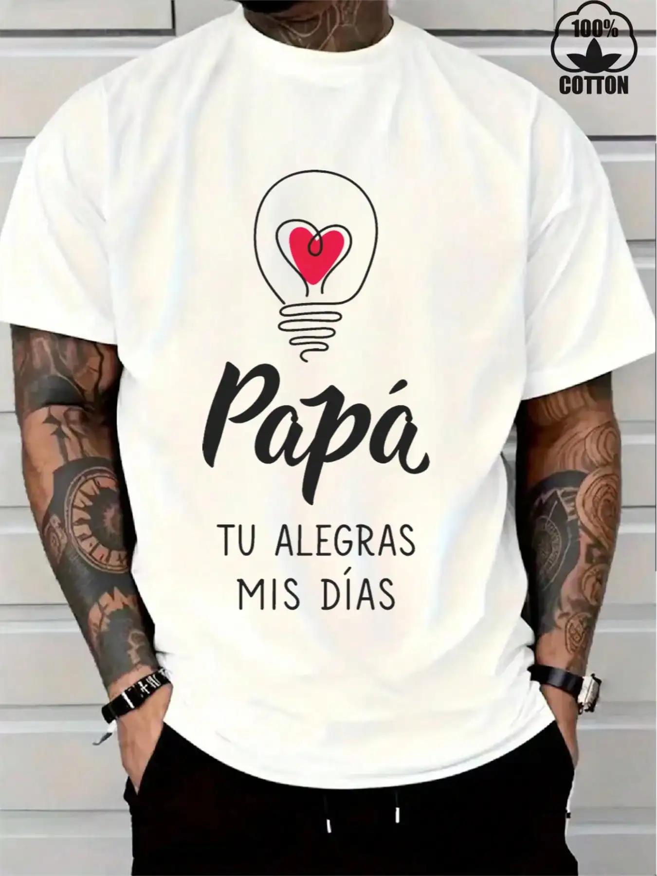 Mens Casual Short Sleeve TShirt  100 Cotton Spanish Papa Graphic Print with Heart Light Bulb Design  Fathers Day Gift S
