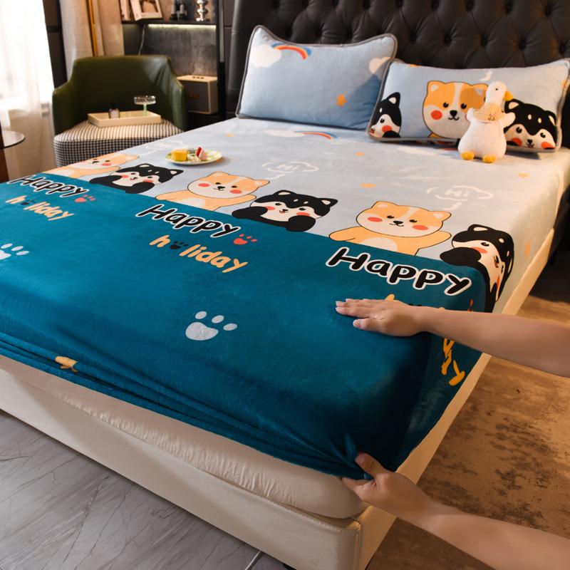 Winter Warm Thicken Flannel Elastic Fitted Sheet Mattress Protector Cover Cartoon Print Plush Soft Cozy Bed Sheet Home Decor