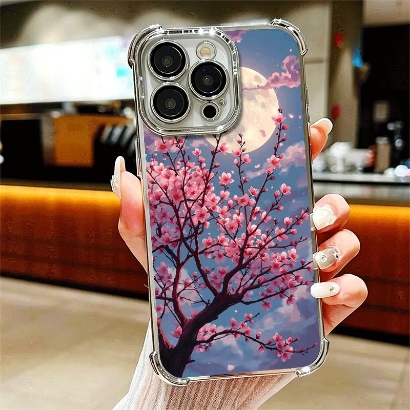 

Dreamy Night Cherry Blossom Tree Plating Phone Case For Iphone 16 17 Pro Max Air 16E 14 15 Plus 12 13 Mini Anti-Fall Airabag Cov iPhone 15 Pro