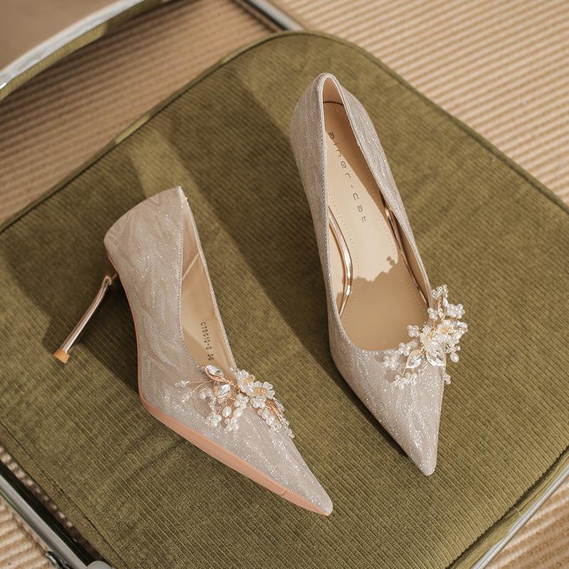 

860-6 high heels women s stiletto 2025 new crystal bridal wedding shoes pointed wedding dress Xiuhe shallow mouth single shoes 39