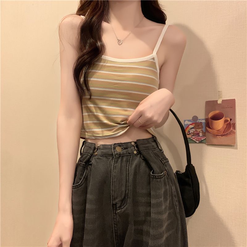 

Women s Summer Striped Vest Camisole Sweet and Hot Slim Fit Waist Cinching Beautiful Back Bandeau with Chest Pad Sleeveless Top M