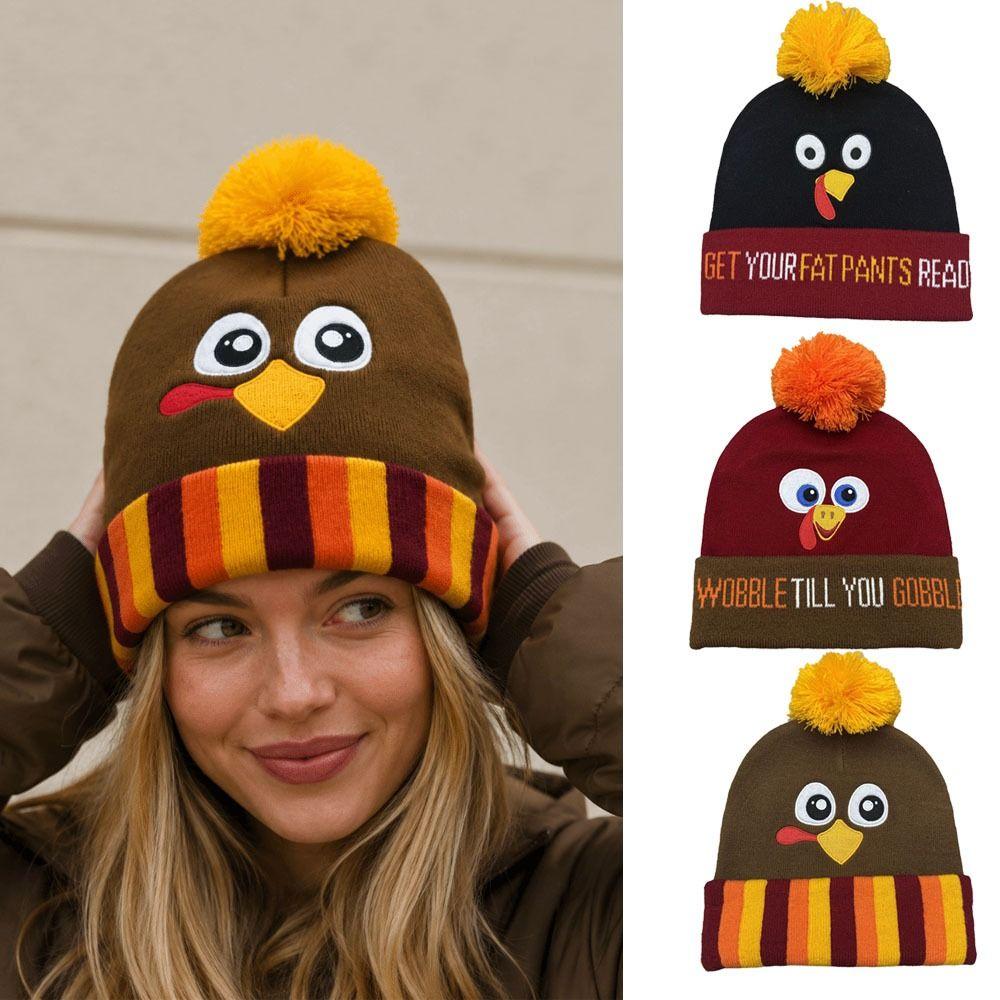 Warm Knitted Beanie Hat Simple Style Funny Turkey Hat Funny Embroidered Beanies  Unisex