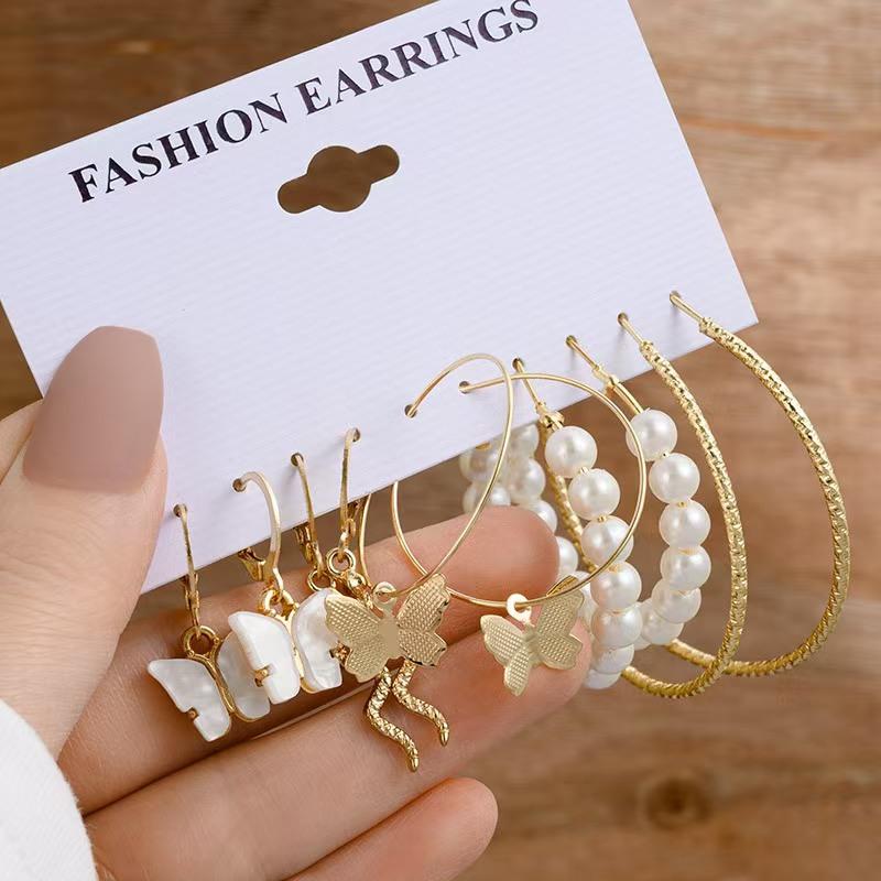 5pcs Set Creativity Snake Shape Acrylic Butterfly Pearl Dangle Earring Set for Women Fashion Hoop Earring Jewelry Accessories