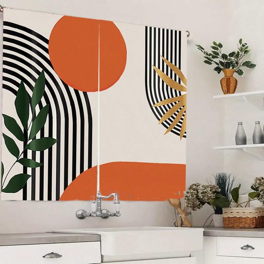 2 Pieces Boho Artistic Curtains - Modern Geometric Design With Black   Beige And Gold Accents - Semi-Sheer   Machine Washable