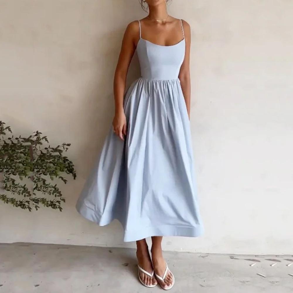 Women's U Neck Sleeveless Maxi Dress A-Line High Waist Solid Elegant Spaghetti Strap Sundress