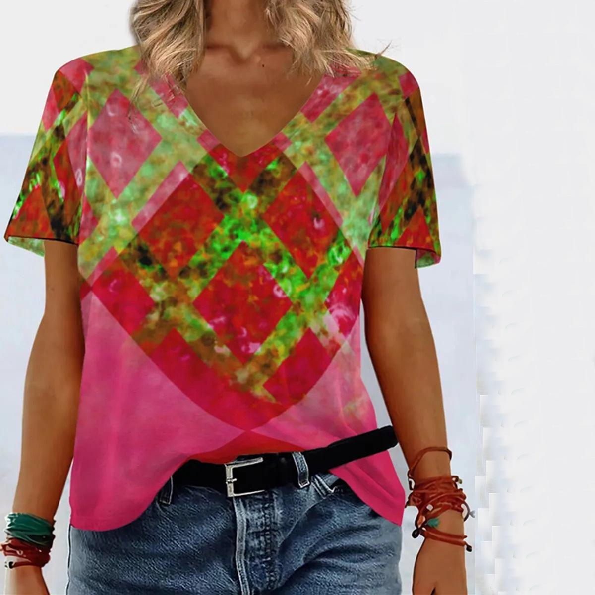 

Летняя новая футболка с V-образным вырезом на плече и геометрическим узором «свет и тень» с 3D-принтом 5XL