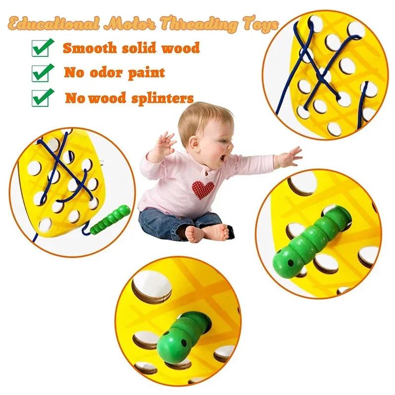 Wooden Lacing Toy Educational Fruits Threading Activity Puzzles Studying Fine Motor Skill Car Toy Set for Toddlers Kid Best Gift