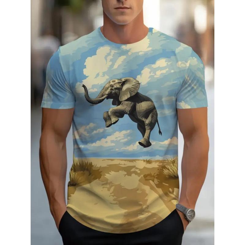 Men's 3D Elephant Print T-shirt Short Sleeved T-shirt Breathable Polyester Round Neck Casual Streetwear Top