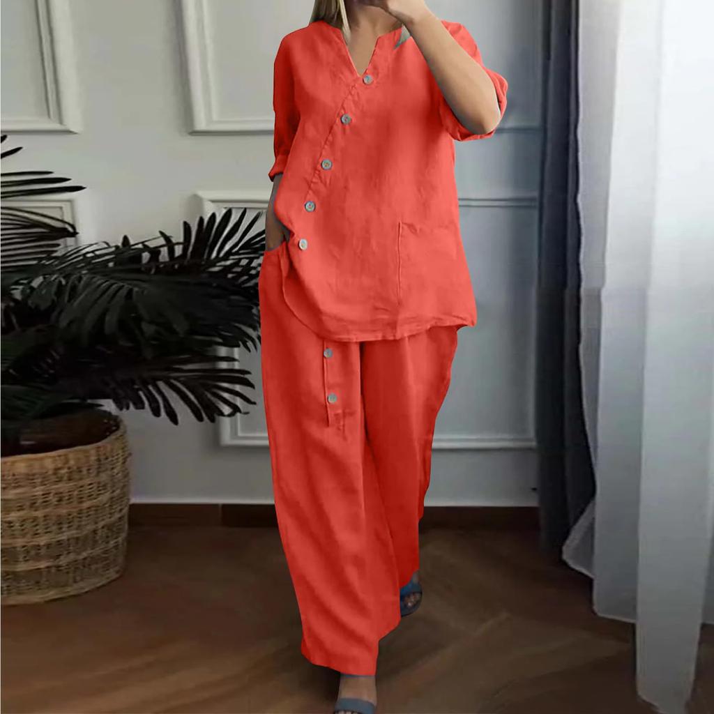 Women's Casual Cotton And Linen Set With Three Quarter Sleeves, Top And Wide Leg Pants, Two-piece Set