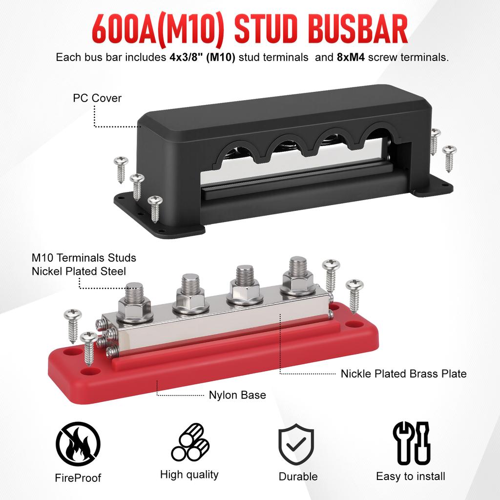 Car Distribution Block Bus Bar Terminal Block Stud Brass Contact Plates M10 3/8" 12-48V 600A DC For Boat Camper RV Accessories