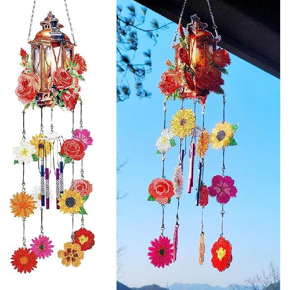 Generic DIY Dotted Diamond Art Painting Wind Chime Kit, Three-Dimensional Sun Catchers Diamonds Dot Paintings Hanging Ornaments, for Spring Garden