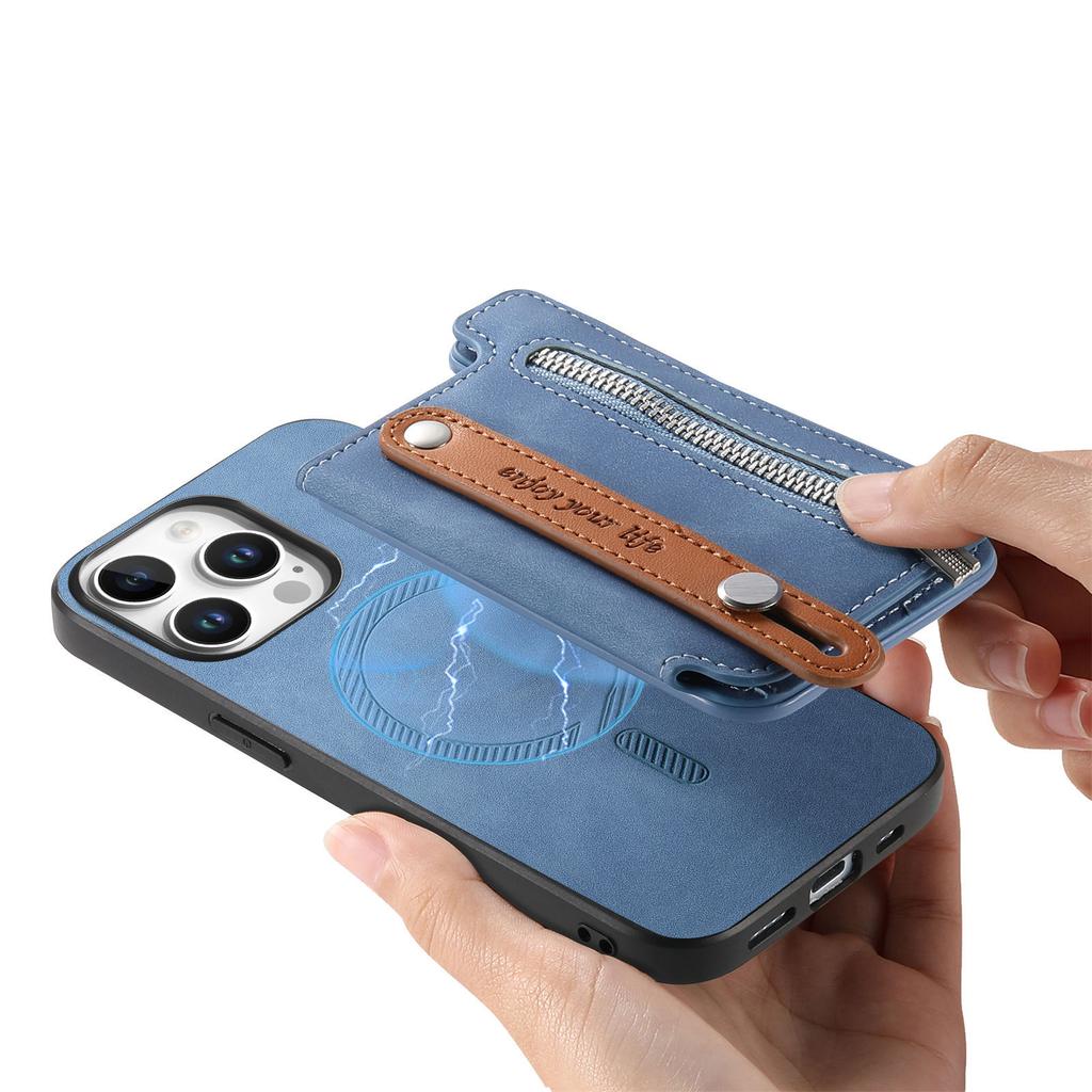 For iPhone 16 Pro Max Case Zipper Card Holder Leather+TPU+PC Phone Cover 2-in-1 Magnetic Detachable