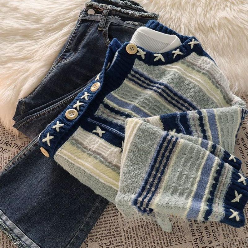 Women Striped Contrasting Knitted Cardigans Korean Style Retro Gentle Ladies Sweaters Autumn Casual Lazy Woman Cardigan Tops
