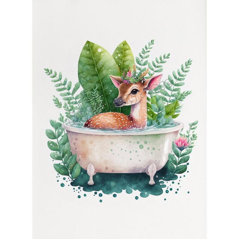 Watercolor Bathroom Tropical Animals Deer Hippo Penguin In Tub Poster Canvas Painting Wall Art Pictures Home Toilet Decor