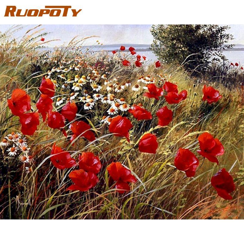 RUOPOTY Frameless Hand Painted DIY Digital Painting by Numbers Flowers Canvas Painting Kits Acrylic Wall Art Home Decor