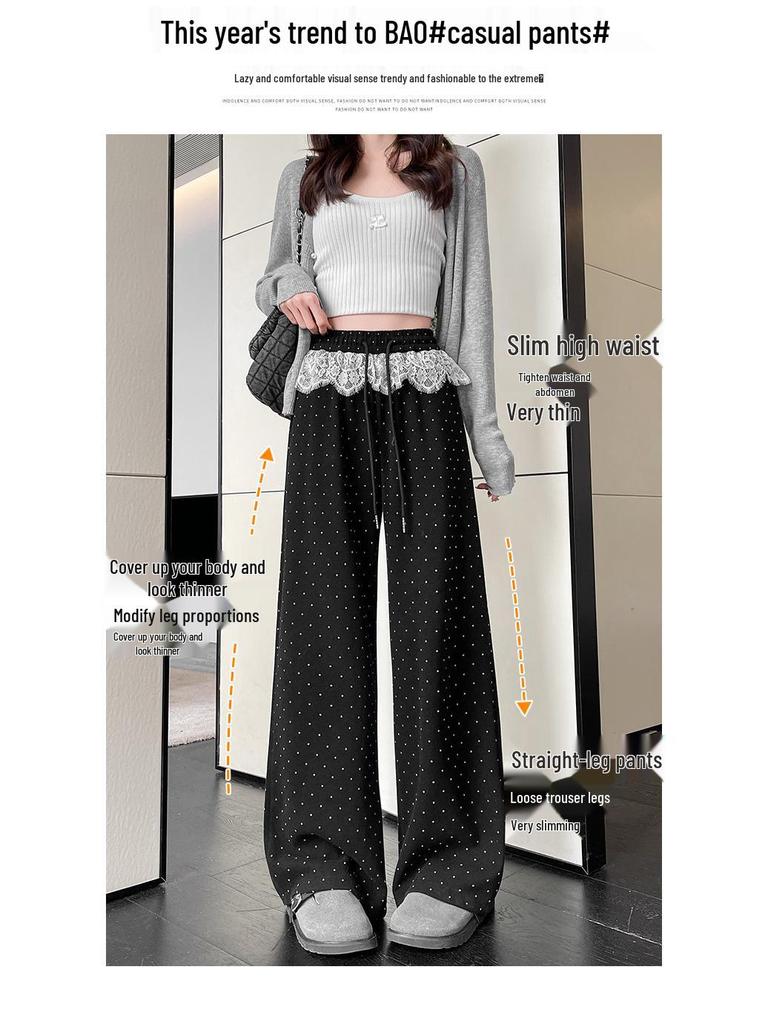 Women's Black Polka Dot Lace Trim Wide-Leg High-Waist Sporty Sweatpants (2025)