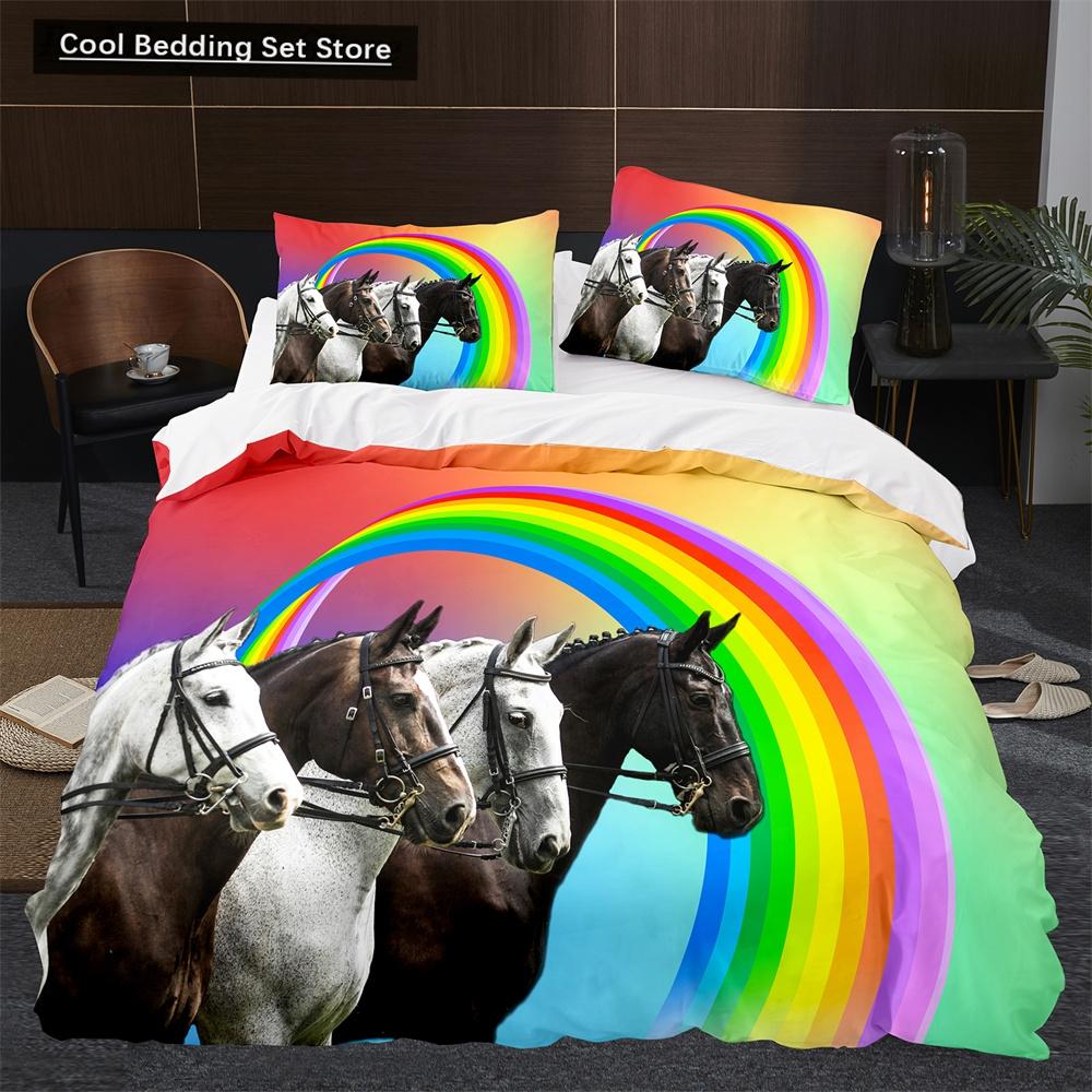 Comforter 3D Horse King Queen Size White Running Horses Pattern Bedding Set For Kids Teens Adults Wild Animal Soft