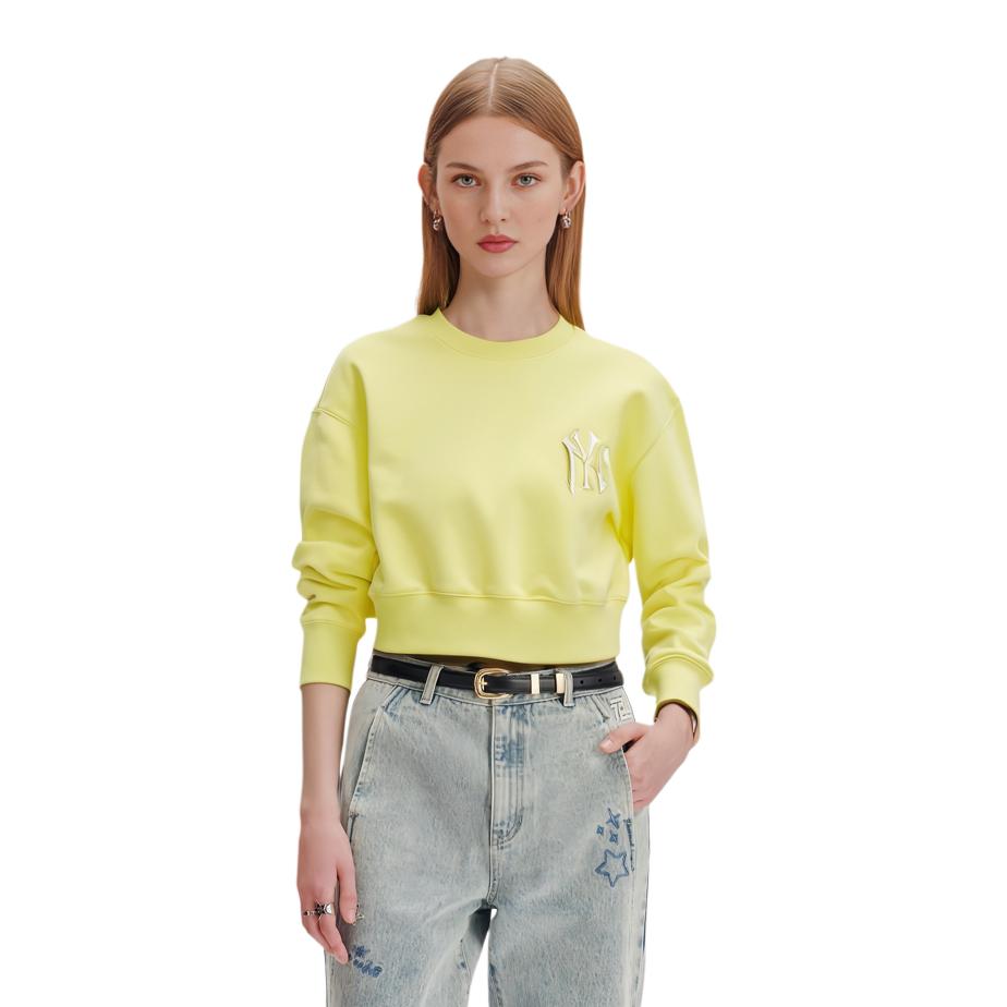 MLB New York Yankees Solid Color Crew Neck Pullover Short Sleeve Sweatshirt Women sweatshirt Yellow 3FMTB0321-50YEL