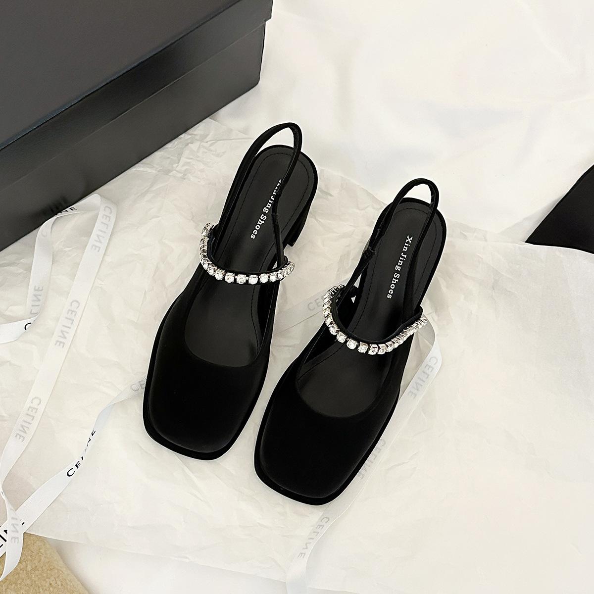 

E9-3 niche retro rhinestone square head thick heel single shoes spring and autumn new one-word strap middle heel single shoes banquet women s shoes 35 чёрный